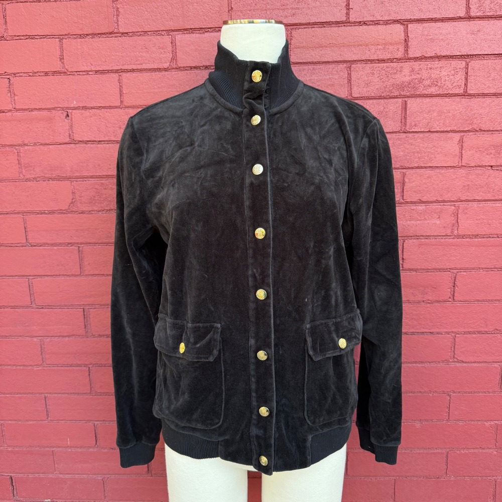 Vtg Y2K Lauren Ralph Lauren Velour Track Jacket Womens Large Gold Button Bomber